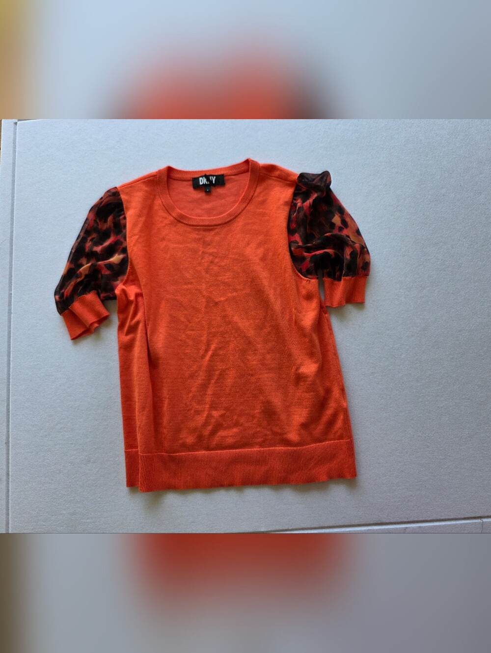DKNY Orange Top with Black and Orange Leopard Puff Sleeves